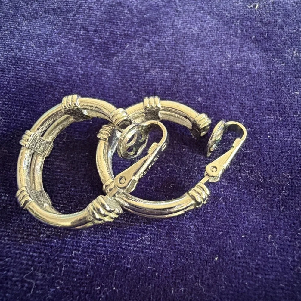 Vintage MCM Designer Signed CROWN TRIFARI Silver Tone Hoop Earrings